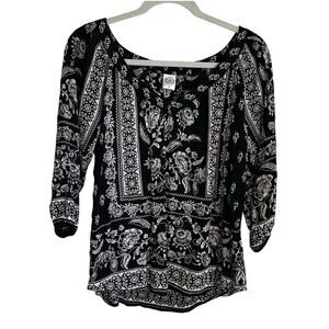 Bila Peasant Top V-Neck 3/4 Sleeves Sz S Black White Floral Boho Hippie Casual